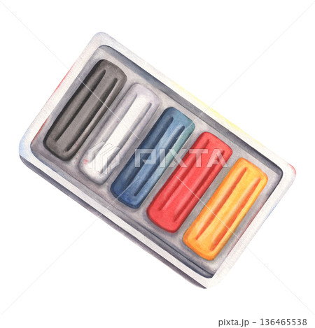 Box with colorful wax modeling clay. Hand-painted watercolor illustration isolated on white. Perfect for kids design, art class materials, education projects, packaging, nursery branding 136465538