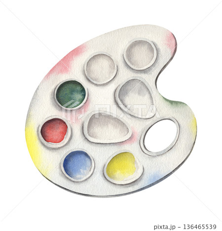 White plastic paint palette with colorful paint stains. Hand-painted watercolor illustration isolated on white. Perfect for art class design, creative branding, packaging, education, artist materials White plastic paint palette with colorful paint stains. Hand-painted watercolor illustration isolated on white. Perfect for art class design, creative branding, packaging, education, artist materials 136465539