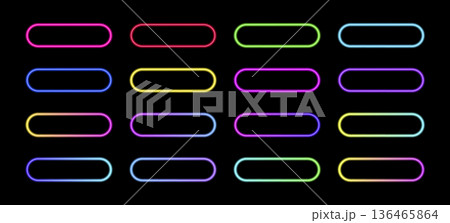 Glowing neon button with vibrant frame, element for modern web interfaces and gaming designs with neon aesthetic, abstract vector frame composition. 136465864