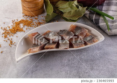 Salted herring fillet pieses snack Salted herring fillet pieses snack 136465993