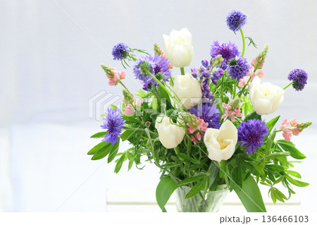 チューリップと草花のアレンジメント 136466103