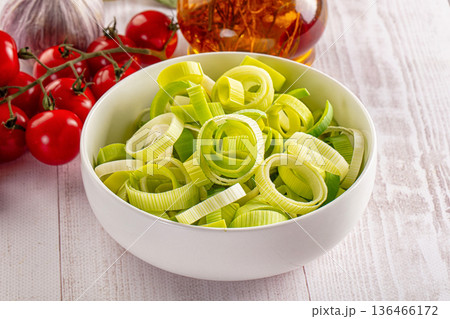 Sliced fresh green leek onion Sliced fresh green leek onion 136466172