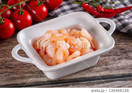 Marinated peeled pink cocktail prawns Marinated peeled pink cocktail prawns 136466189