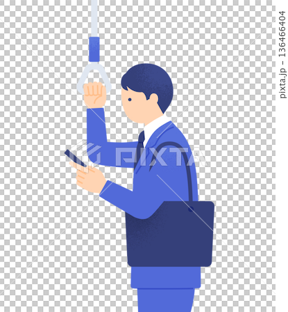 移動中にメールを確認するビジネスマン。電車でつり革を持ちスマホを操作する男性のイラスト素材。 移動中にメールを確認するビジネスマン。電車でつり革を持ちスマホを操作する男性のイラスト素材。 136466404