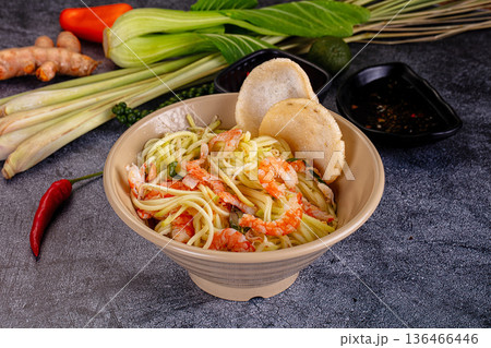 Asian salad with mango and prawn 136466446