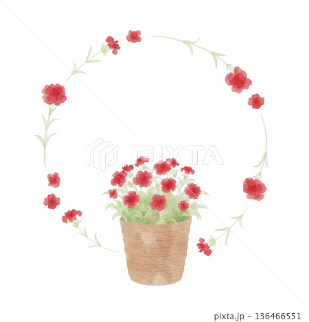 赤いカーネーションのリース　水彩風 136466551