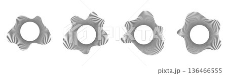 Sound wave circular pattern with radial audio lines on white background. Music soundwave icon in black with concentric ripple effect and pulse energy burst for graphic design and vector illustration. 136466555