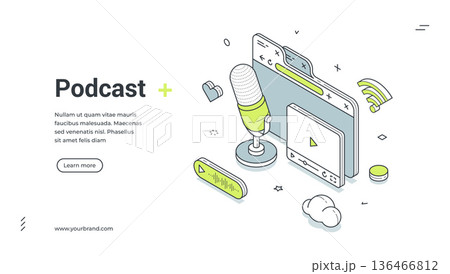 Podcast Audio Streaming Online Show Isometric Banner Vector Illustration 136466812