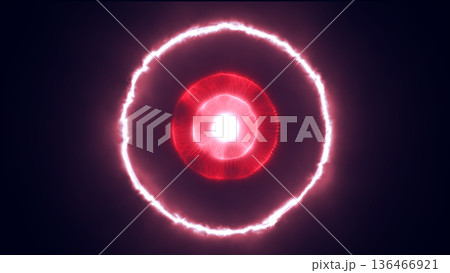 Intense red energy pulse with glowing circular shockwave, symbolizing power surge, heat, and futuristic energy emission Intense red energy pulse with glowing circular shockwave, symbolizing power surge, heat, and futuristic energy emission 136466921