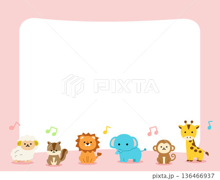 かわいい動物と音符のシンプルなピンクフレーム 136466937