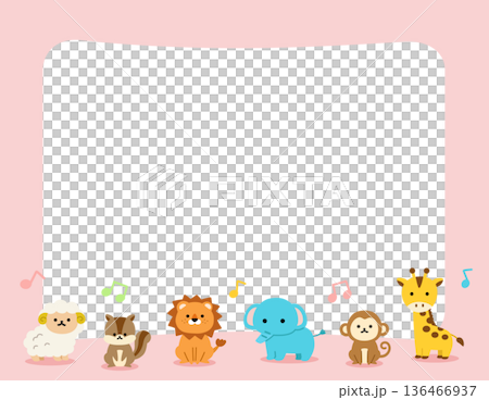 かわいい動物と音符のシンプルなピンクフレーム 136466937