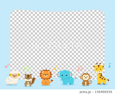 かわいい動物と音符のシンプルなブルーフレーム 136466938