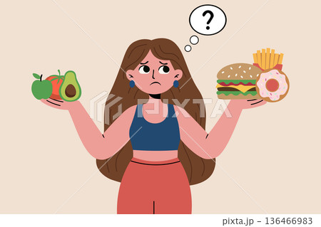Vector illustration of a person holding healthy vegetables in one hand and junk food in the other, representing dietary dilemmas and balanced choices Vector illustration of a person holding healthy vegetables in one hand and junk food in the other, representing dietary dilemmas and balanced choices 136466983