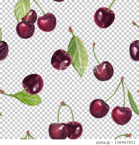 Ripe cherry berries, hand painted watercolor seamless pattern isolated on white background, fruit surface design for food packaging, textile prints, wrapping paper, branding and decorative projects 136467051