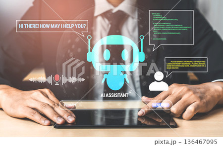 Professional Businessman Engaging with AI Assistant Technology for Customer Support and Virtual Interaction in Modern Workplace Setting Quark 136467095