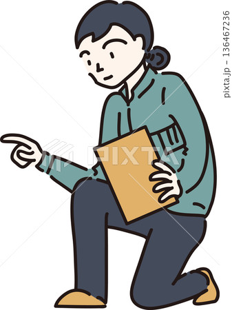 作業服を着た女性の全身イラスト　緑色の制服 136467236