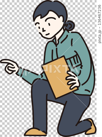 作業服を着た女性の全身イラスト　緑色の制服 136467236