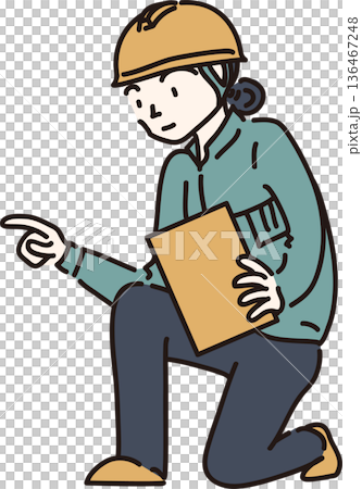 ヘルメットをかぶり作業服を着た女性の全身イラスト　緑色の制服 136467248