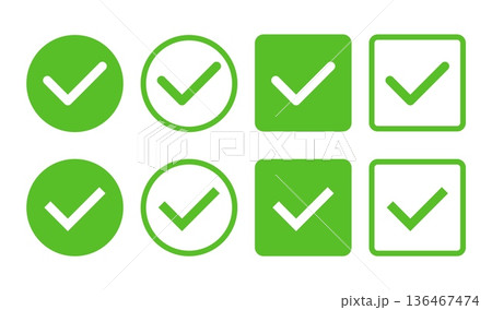Green check tick and mark icon list with checklist correct. Done box sign and green good symbol. Ok approved mark design for success. Green check tick and mark icon list with checklist correct. Done box sign and green good symbol. Ok approved mark design for success. 136467474