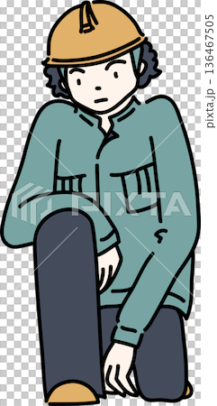 ヘルメットをかぶり作業服を着た男性の全身イラスト　緑色の制服 136467505