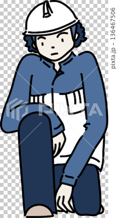 ヘルメットをかぶり作業服を着た男性の全身イラスト　青色の制服 136467506