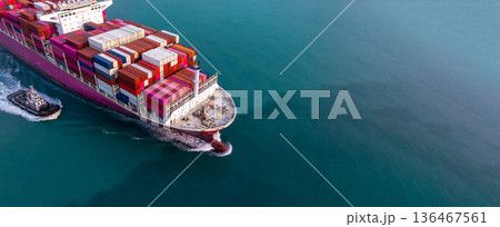 Aerial view container ship carrier container on sea, Global business logistics and Global trade transportation by container ship, Container ship freight shipping import export logistics supply chain. Aerial view container ship carrier container on sea, Global business logistics and Global trade transportation by container ship, Container ship freight shipping import export logistics supply chain. 136467561