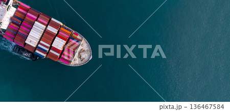Aerial view container ship carrier container on sea, Global business logistics and Global trade transportation by container ship, Container ship freight shipping import export logistics supply chain. Aerial view container ship carrier container on sea, Global business logistics and Global trade transportation by container ship, Container ship freight shipping import export logistics supply chain. 136467584