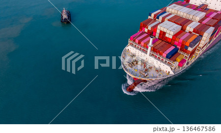Aerial view container ship carrier container on sea, Global business logistics and Global trade transportation by container ship, Container ship freight shipping import export logistics supply chain. 136467586
