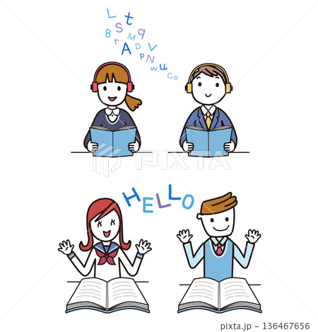 机に向かって男女の生徒が英語の学習をする 136467656