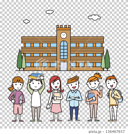 大学の校舎の前に立って一列に並んでいる男女の大学生 136467657