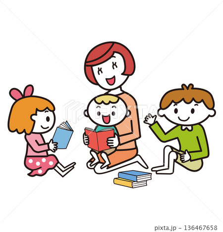 赤ちゃんを抱いて絵本の読み聞かせをする母と子供達 136467658