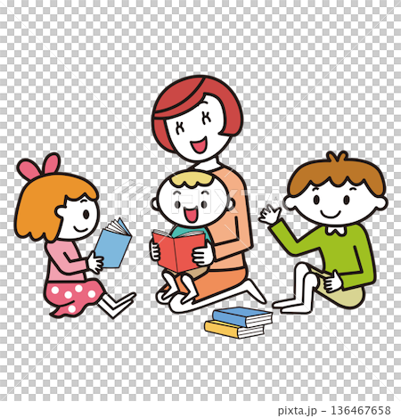 赤ちゃんを抱いて絵本の読み聞かせをする母と子供達 136467658