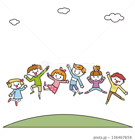 青空の下の草原でジャンプする子供達 136467659