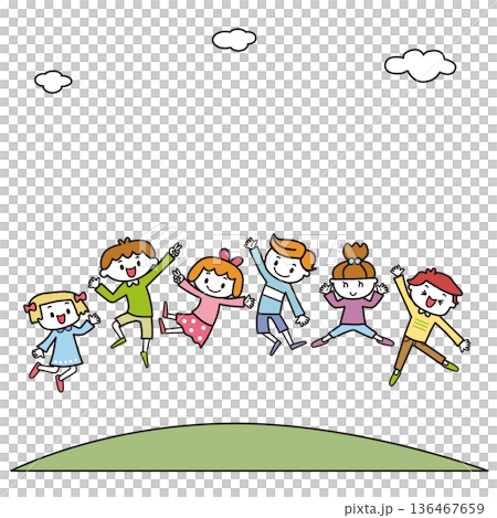 青空の下の草原でジャンプする子供達 136467659