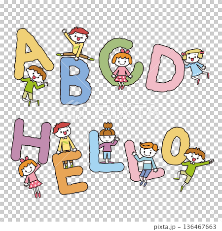 ローマ字を抱えて勉強を楽しく学習する子供達 136467663