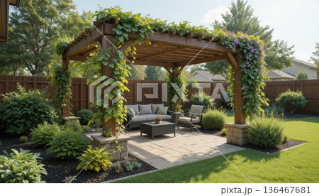 Wooden Pergola Covered With Plants in a Sunny Backyard With Seating and Greenery in the Afternoon 136467681