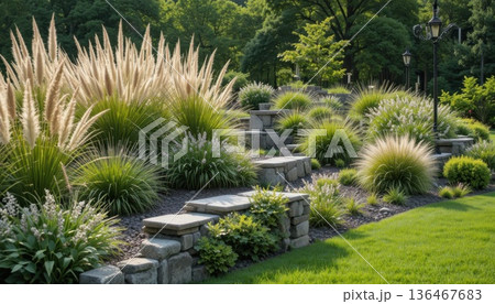 Lush Garden Landscape With Steps and Diverse Plant Life in a Sunny Outdoor Setting 136467683