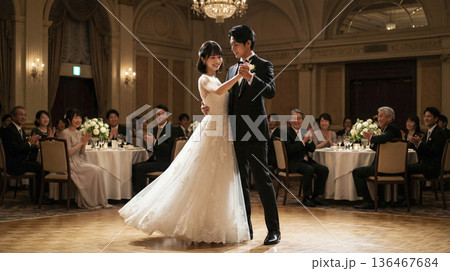 披露宴会場のダンスフロアでゲストの前でファーストダンスを踊る日本人新郎新婦 136467684