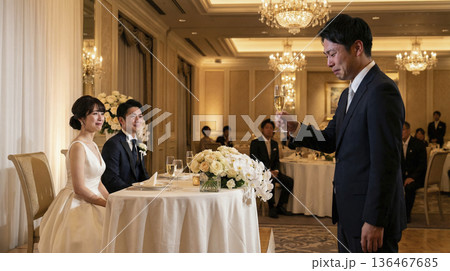 披露宴でスピーチを聞いて感動して涙ぐむ日本人新郎新婦と祝辞を述べるゲスト 136467685