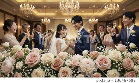 披露宴の高砂席でゲストと乾杯をして談笑する日本人新郎新婦と友人たち 136467688