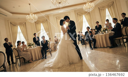 披露宴会場のダンスフロアでワルツを踊る新郎新婦と見守り拍手をするゲストたち 136467692