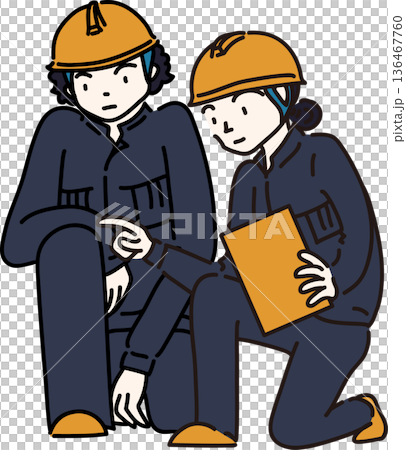 ヘルメットをかぶり作業服を着た男女ふたり組の全身イラスト 紺色の制服 ヘルメットをかぶり作業服を着た男女ふたり組の全身イラスト 紺色の制服 136467760