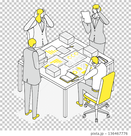 紙資料が山積みで混乱するオフィス会議のアイソメトリックイラスト 136467776