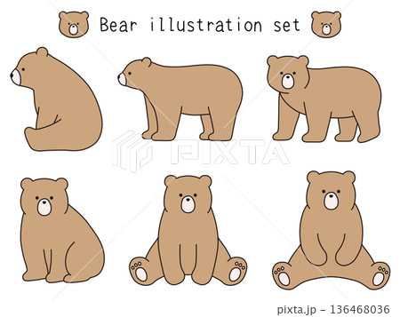 かわいいくまのベクターイラストセット。熊、動物、線画 かわいいくまのベクターイラストセット。熊、動物、線画 136468036