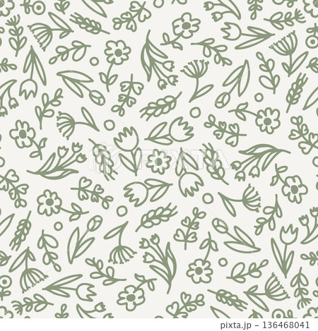 Seamless Sage Green Wildflower Doodle Pattern on Light Beige Background 136468041