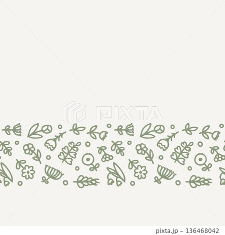 Seamless Sage Wildflower Border Pattern on Light Beige 136468042