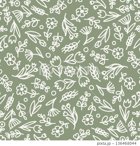Seamless Beige Wildflower Line Pattern on Deep Sage Background 136468044