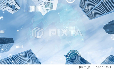 Modern Urban Landscape with Skyscrapers and Digital Data Overlay in a Clear Blue Sky Emphasizing Technology and Innovation in Business Environment xenic 136468304