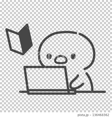 A hand-drawn line drawing of a chick operating a beginner's mark and a laptop A hand-drawn line drawing of a chick operating a beginner's mark and a laptop 136468362