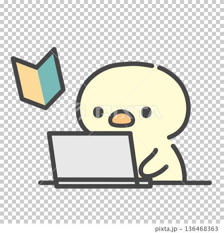 A hand-drawn illustration of a beginner's mark and a chick operating a laptop A hand-drawn illustration of a beginner's mark and a chick operating a laptop 136468363